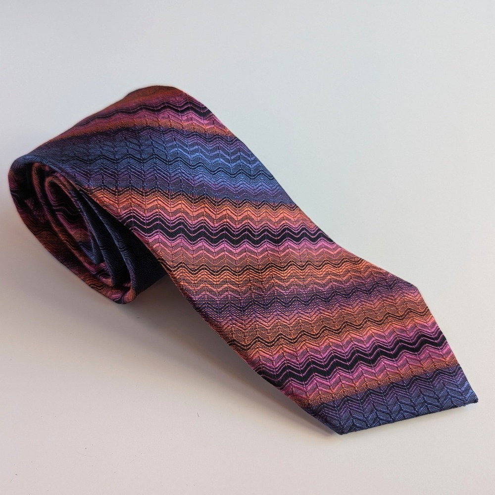 Pronto Uomo Couture Mens Silk Tie Purple Orange Blue Chevron Zig Zag Woven 3.25"